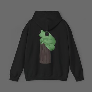 Tree Frog on Log Digital Art Hoodie: Cute Cartoon Green Frog Design | Fun Animal Graphic Sweater | Unique Nature Clothing | Frog Lover Gift