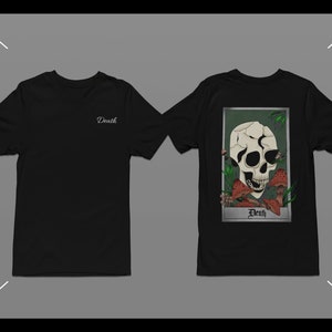 死のタロットカードTシャツ：変身シャツ、タロットにインスパイアされたファッション、ゴシックな魔女のアパレル、象徴的な再生のアウターウェア、グラフィックTシャツ