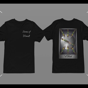 Seven of Wands T-Shirt: Widerstandsfähiges Symbol, Tarot-inspirierte Mode, mystische Oberbekleidung, einzigartiges Kleidungsstück für den Selbstausdruck, Hexen-Grafik-T-Shirt