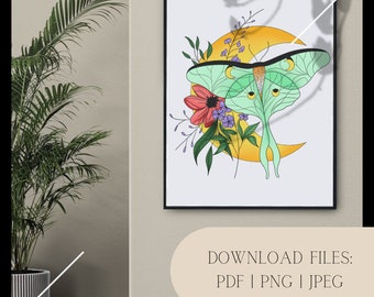 Lunar Moth on Moon Wall Art & Stickers: A solitary, stunning moth amidst a celestial garden, a captivating addition to your decor.