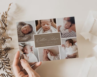 May include: A collage of six photos of a newborn baby boy, with the text "Introducing William Johnson 8.4.2023 | 7 lbs 4 oz | 20 in Loved by Amelia & Brian" in a brown rectangle.