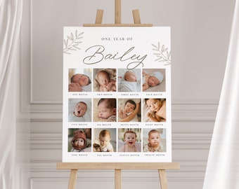 Puede incluir: Un póster blanco con un diseño floral y el texto "ONE YEAR OF Bailey". El póster presenta doce fotos de un bebé, una para cada mes del año.