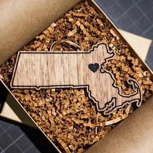 Personalized Massachusetts Christmas Ornament on Walnut
