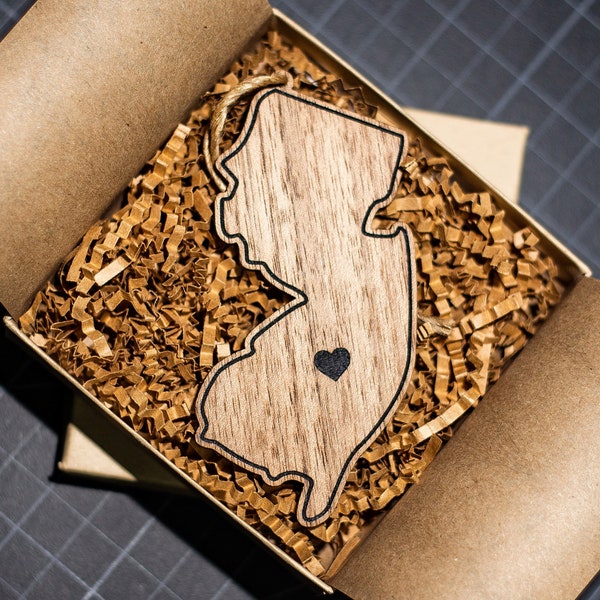 Personalized New Jersey Christmas Ornament on Walnut