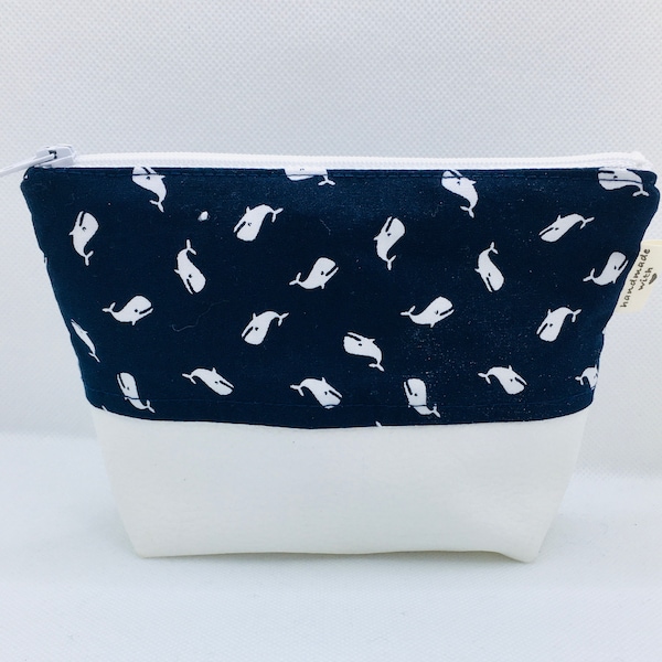 Pochette en coton et similicuir bleue baleines (mini)