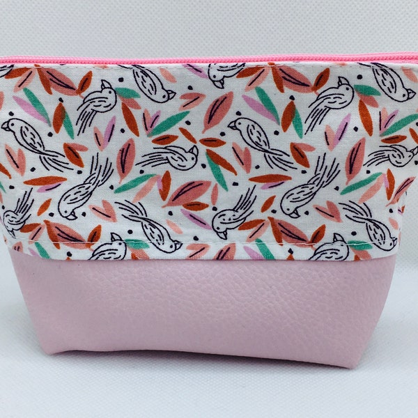 Pochette en coton et similicuir rose oiseaux (mini)