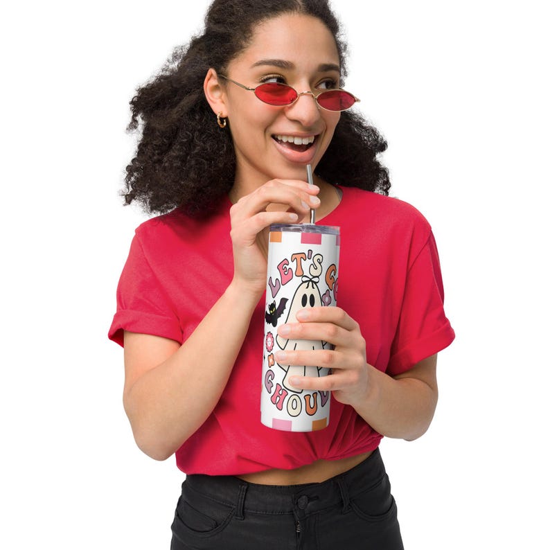 Lest go Ghost retro Vaso de acero inoxidable, coquette checkered retro tumbler, halloween season tumbler