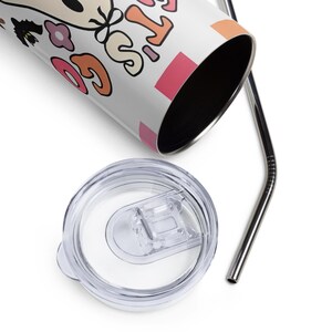 Lest go Ghost retro Vaso de acero inoxidable, coquette checkered retro tumbler, halloween season tumbler