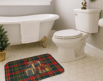 Badematte mit kariertem Geschenkmotiv | Weihnachtliches Tartanmuster – inspiriert von Ralph Lauren – Weihnachtsdeko – Tartan-Weihnachten – Weihnachtsdeko für Zuhause