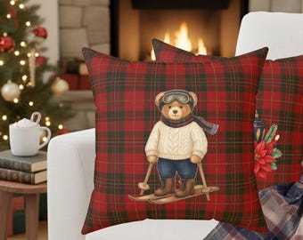 Tartan-Teddybärkissen | Weihnachtskissen im Ralph-'s-Stil | Klassisches Tartan-Weihnachtskissen | Traditionelles Weihnachtsfest | Weihnachts-Polo-Bär