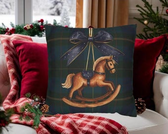 Kissenbezug mit Vintage-Karussellpferd-Motiv von Ralph Lauren | Traditioneller amerikanischer Weihnachtsschmuck | Tartan-Weihnachtsdeko | Klassisches Weihnachtsfest