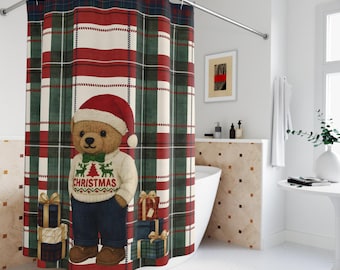 Duschvorhang mit kariertem Teddybär im Weihnachtsmannpullover | Weihnachtlich inspiriert von Ralph's | Weihnachtlicher Duschvorhang mit kariertem Weihnachtsmannbär fürs Badezimmer