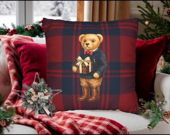 Weihnachtskissen im Ralph-Stil – Tartan-Karobär als Weihnachtsdeko – Klassischer Vintage-Weihnachtsklassiker im Tartan-Stil – Traditionelles Weihnachten