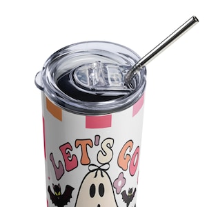 Lest go Ghost retro Vaso de acero inoxidable, coquette checkered retro tumbler, halloween season tumbler