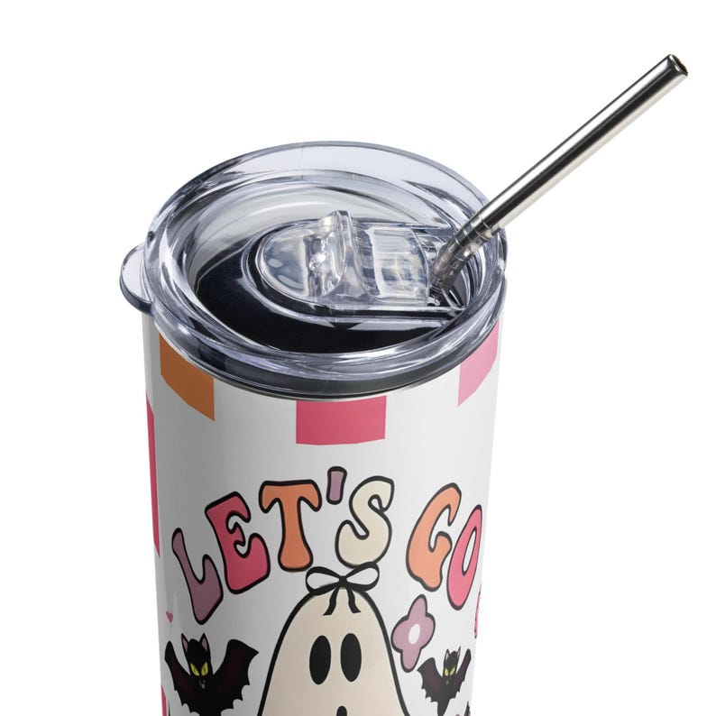 Lest go Ghost retro Vaso de acero inoxidable, coquette checkered retro tumbler, halloween season tumbler