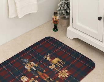 Badematte mit Nussknacker und Rentier | Weihnachtlich inspiriert von Ralph's | Weihnachtliches Tartanmuster | Vintage-Weihnachtsdeko mit Nussknackermotiv