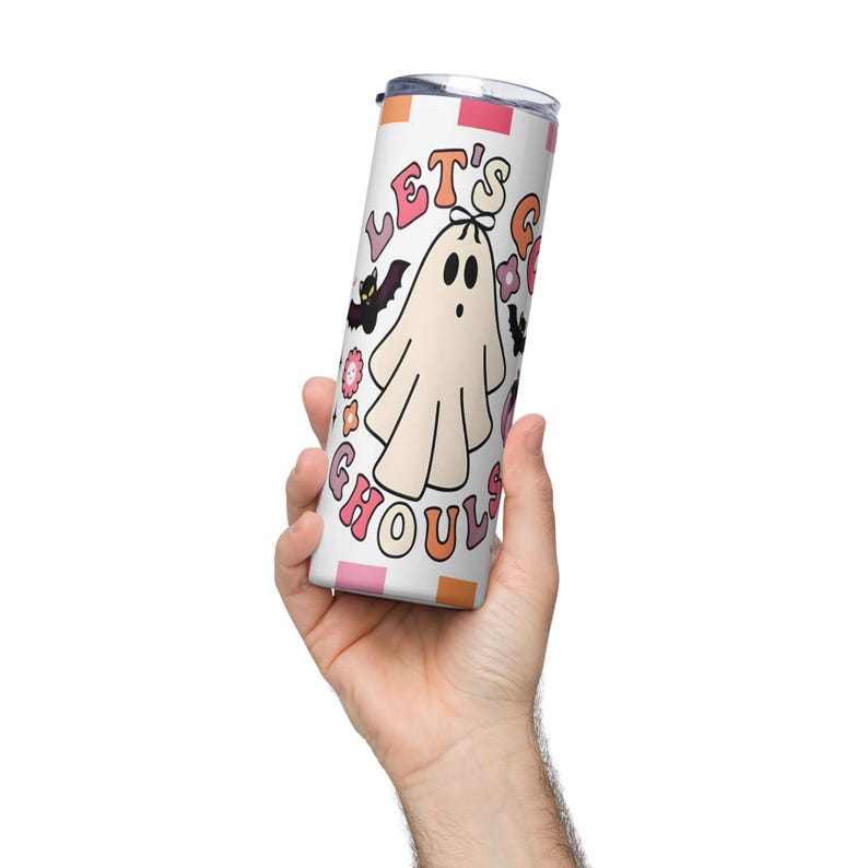 Lest go Ghost retro Vaso de acero inoxidable, coquette checkered retro tumbler, halloween season tumbler