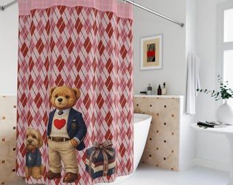 Duschvorhang mit Valentins-Teddybären-Karomuster | Rosa-rote Herzen | Inspiriert von Polo Ralph Lauren | Teddywelpen-Tartan-Valentinstag |