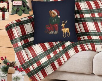 Weihnachtsdecke mit Tartanmuster und Glockenmuster – Süße Weihnachtsdecke im Tartanmuster – Weihnachtsdekoration inspiriert von Ralph Lauren – Weihnachtsdecken-Dekoration