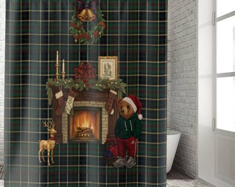 Ralphs weihnachtlicher Duschvorhang | Duschvorhang mit Kamin- und Teddybärmotiv im Tartan-Stil | Weihnachtliches Karomuster | Vintage-Teddybär