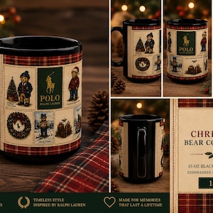 Puede incluir: Una taza de cerámica negra de la colección Christmas Bear de Polo Ralph Lauren. La taza muestra varias ilustraciones de osos de peluche con ropa de invierno, un árbol de Navidad y una corona, enmarcados por un borde de cuadros rojos y verdes. El texto dice: Christmas Bear Collection, 15 oz, apta para lavavajillas y microondas.