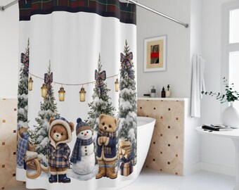 Weihnachtlicher Duschvorhang mit Wald-Teddybären im Tartan-Design | Winterlicher Schneemann | Winter-Teddybären | Winter-Polobär | Weihnachtliches Tartan-Design