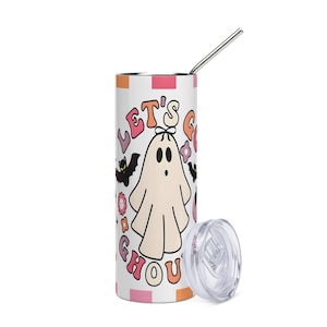 Lest go Ghost retro Vaso de acero inoxidable, coquette checkered retro tumbler, halloween season tumbler