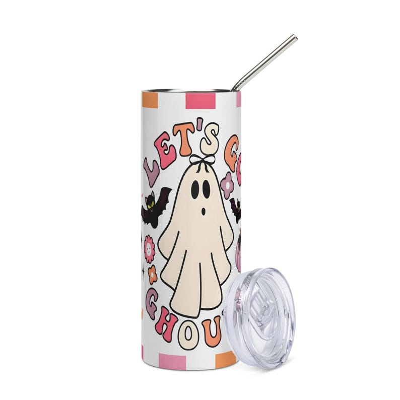 Lest go Ghost retro Vaso de acero inoxidable, coquette checkered retro tumbler, halloween season tumbler