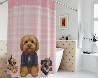 Duschvorhang mit Cockapoo-Welpenmotiv zum Valentinstag | Inspiriert von Polo Ralph Lauren | Welpen-Tartanmuster | Rosa karierte Badezimmerdekoration für Hunde
