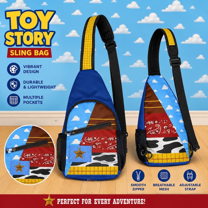 Puede incluir: Dos bolsos bandolera de Toy Story con un dise&ntilde;o de patchwork de cielo azul con nubes blancas, estampado de bandana roja, manchas de vaca en blanco y negro y cuadros amarillos. Cada bolso tiene un bolsillo lateral de malla negra y una correa.