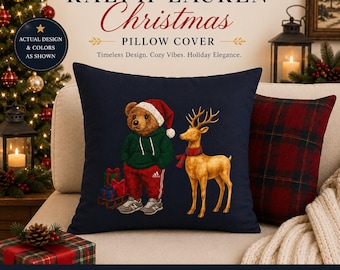 Classic Traditional Christmas Pillow Cover | Teddy Bear Santa Pillow Cover | Tartan Holiday Throw Pillow Cover | Luxury Christmas Home Decor