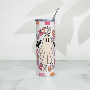 Lest go Ghost retro Vaso de acero inoxidable, coquette checkered retro tumbler, halloween season tumbler