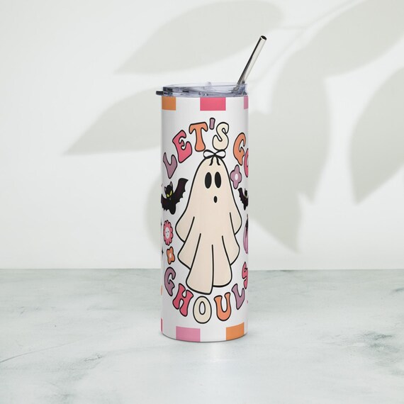Lest go Ghost retro stainless steel tumbler, coquette checkered retro tumbler, halloween season tumbler