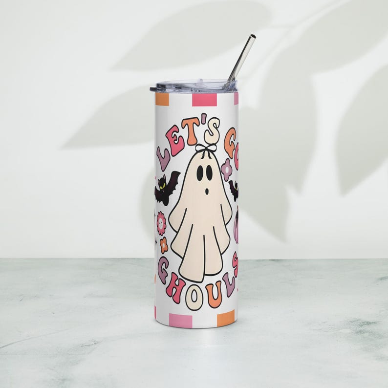 Lest go Ghost retro Vaso de acero inoxidable, coquette checkered retro tumbler, halloween season tumbler