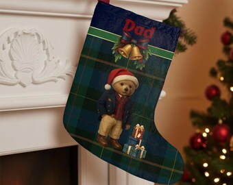 Weihnachtsstrumpf mit Teddybär für Papa | Ralph Lauren Weihnachtsstrumpf im Teddybär-Stil | Weihnachtsstrumpf im Tartan-Look für Papa