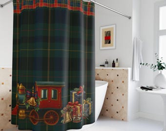 Ralphs inspirierter Duschvorhang mit Weihnachtszugmotiv | Weihnachtliches Tartan-Design fürs Badezimmer | Weihnachtlicher Zugdruck | Amerikanische Tradition