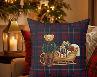 Ralphs Weihnachtskissen – Tartan-Karobär als Weihnachtsdeko – Klassisches Vintage-Weihnachtskissen im Tartan-Stil – Amerikanisches traditionelles Weihnachtsfest