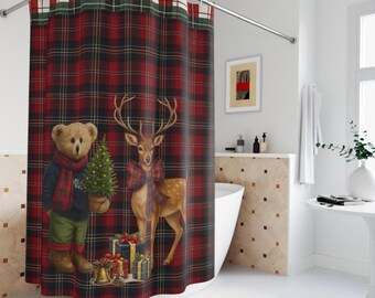 Weihnachtsduschvorhang mit Teddybär und Reh im Karomuster | Festliche Badezimmerdeko | Weihnachtlicher Polobär im Tartan-Look | Inspiriert von Ralph Lauren | Polobär
