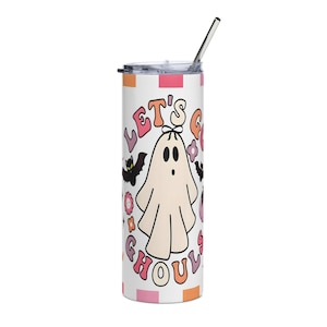 Lest go Ghost retro Vaso de acero inoxidable, coquette checkered retro tumbler, halloween season tumbler