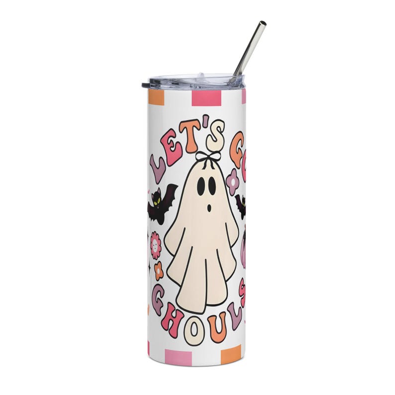 Lest go Ghost retro Vaso de acero inoxidable, coquette checkered retro tumbler, halloween season tumbler