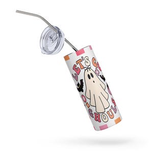 Lest go Ghost retro Vaso de acero inoxidable, coquette checkered retro tumbler, halloween season tumbler