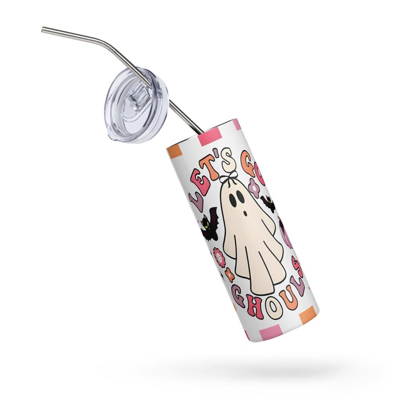 Lest go Ghost retro Vaso de acero inoxidable, coquette checkered retro tumbler, halloween season tumbler