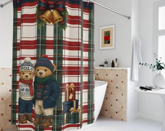 Duschvorhang mit Polo-Paar-Teddybären | Inspiriert von Ralph's | Weihnachtliche Tartan-Dekoration für Zuhause | Ralph's Polo-Paar |