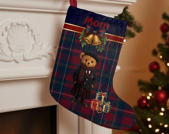 Weihnachtsstrumpf für Teddybär-Mama | Weihnachtsstrumpf im Teddybär-Stil von Ralph Lauren | Weihnachtsstrumpf im Tartan-Look für Papa