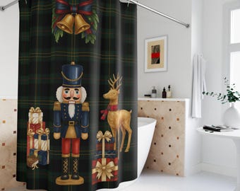 Ralph's Inspired Christmas Shower Curtain | Nutcracker and Reindeer Shower Curtain | Christmas Plaid Bells | Vintage Chistmas