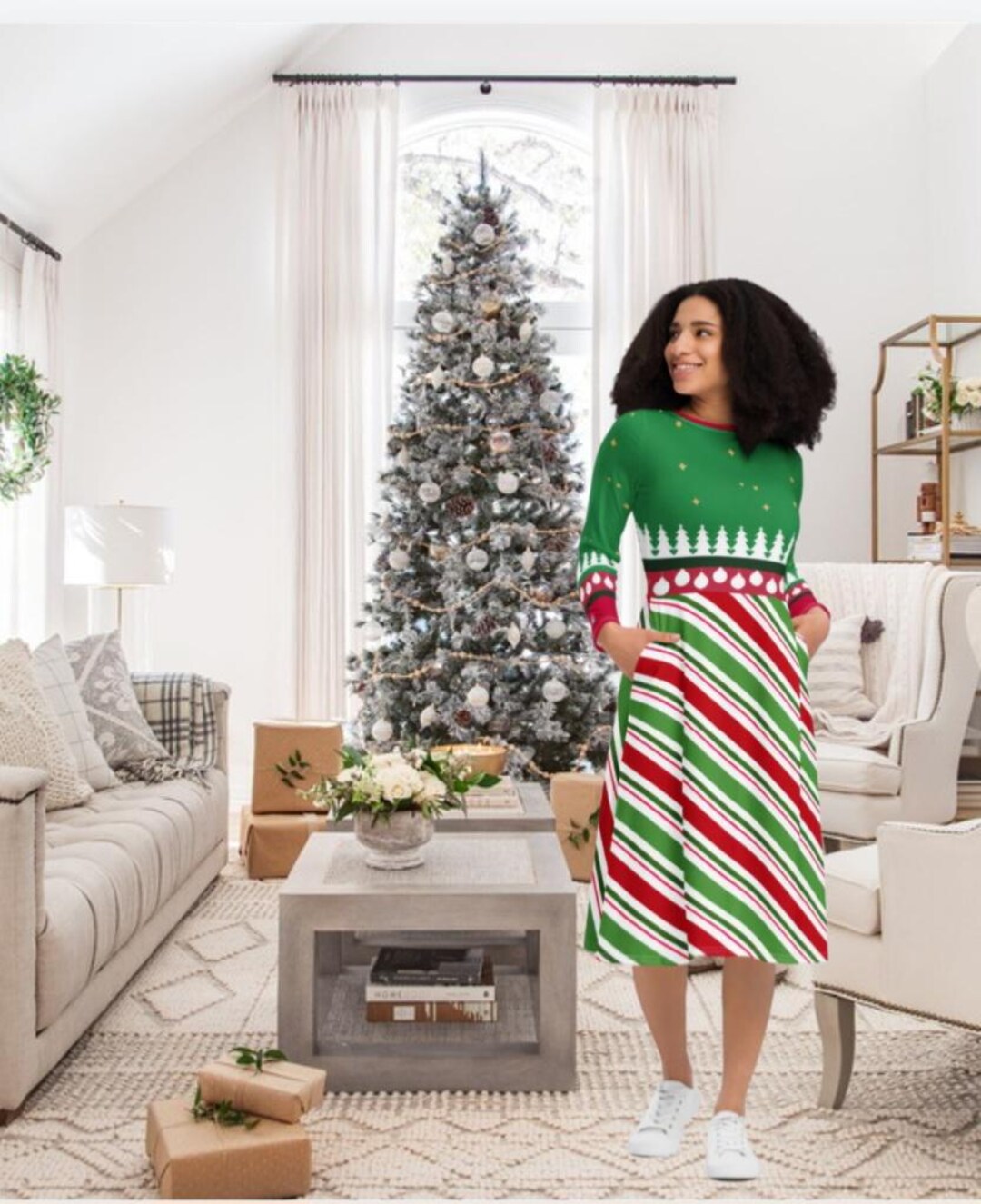 white christmas dresses Pink Mini Christmas Tree Dress – Geeda J Fashion Boutique main image 1