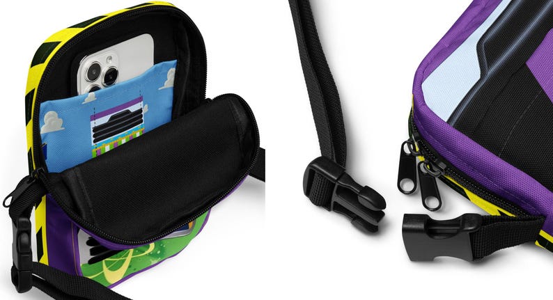 Puede incluir: Una bolsa de bandolera morada y amarilla con una correa negra y un cierre de cremallera. La bolsa tiene un interior negro con un bolsillo peque&ntilde;o y una ranura para el tel&eacute;fono. La bolsa presenta un dise&ntilde;o de personaje de dibujos animados.