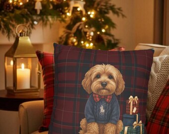 Kissenbezug mit kariertem Welpenmotiv im Pullover | Inspiriert von Ralph Lauren | Quadratischer Kissenbezug aus Wildlederimitat | Weihnachtliches Tartanmuster | Weihnachtswelpe