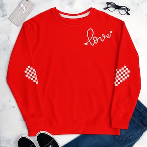 Valentine's Unisex sweatshirt | Heart shaped elbow patch | Teacher sweatshirt | Love elbow patches | Cute Heart | checkered love heart