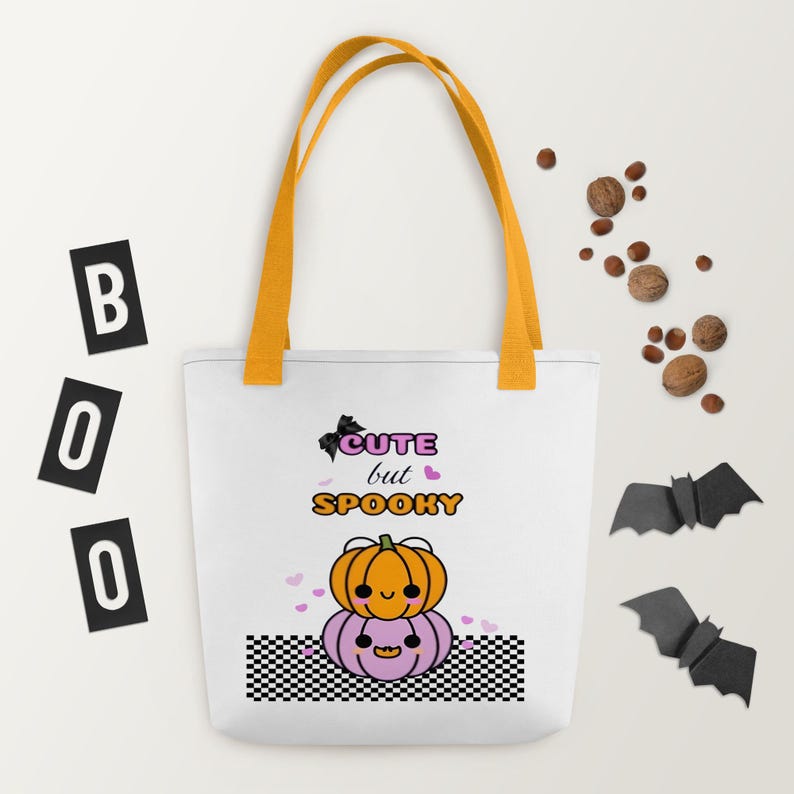 Coquette checkered cute but spooky Bolsa de tela, haloween tote bag, Checkered Halloween, Trick or Treat Trunk or Treat Bag